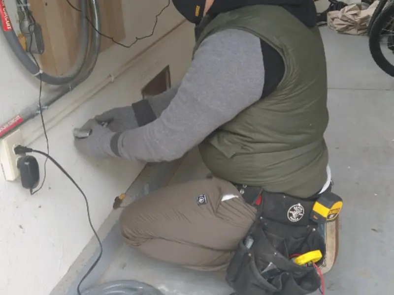 Electrician performing outlet wiring in a Friendship Heights Village garage